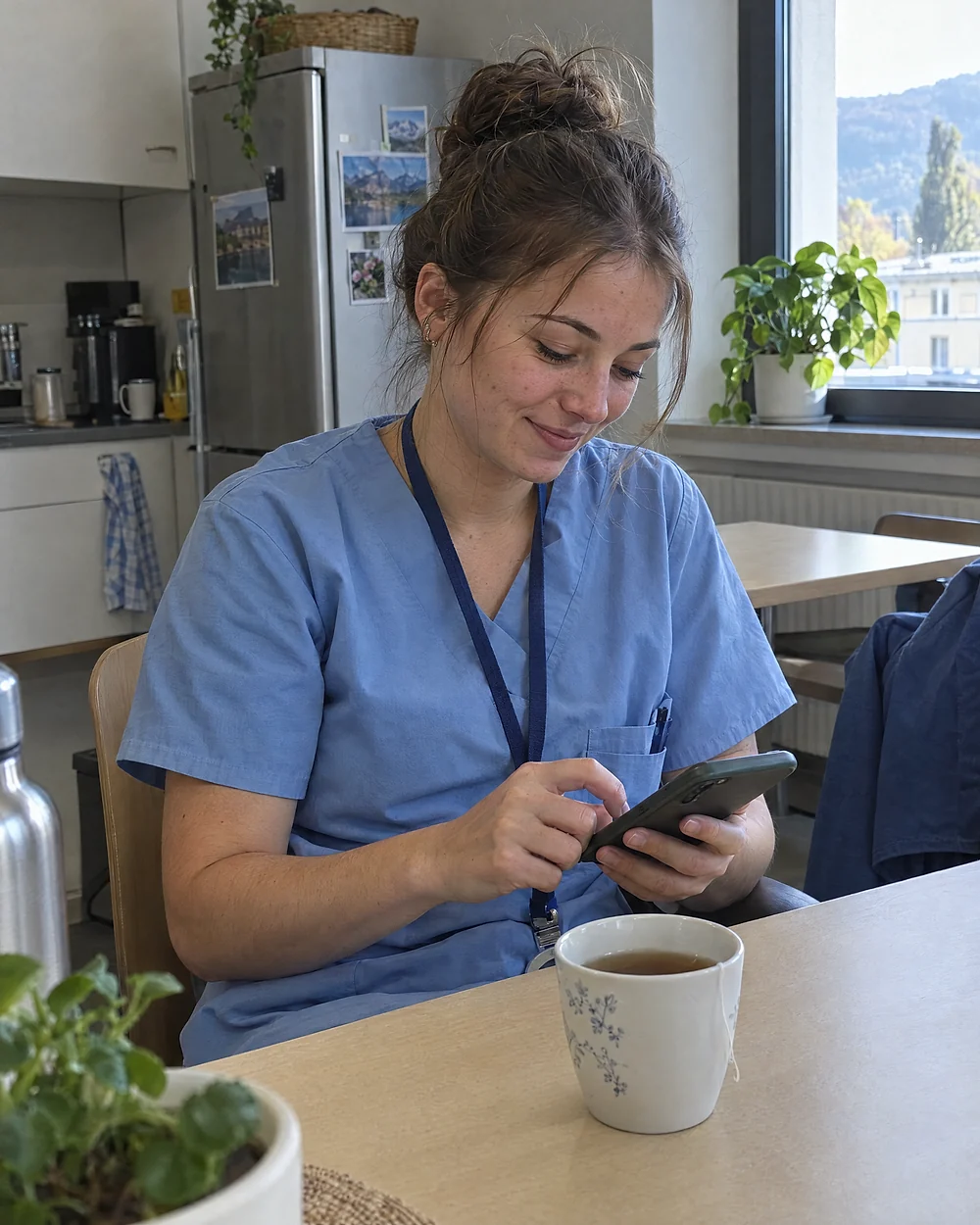 Pflegefachfrau im Pausenraum tippt mit einer Tasse Tee aufs Handy