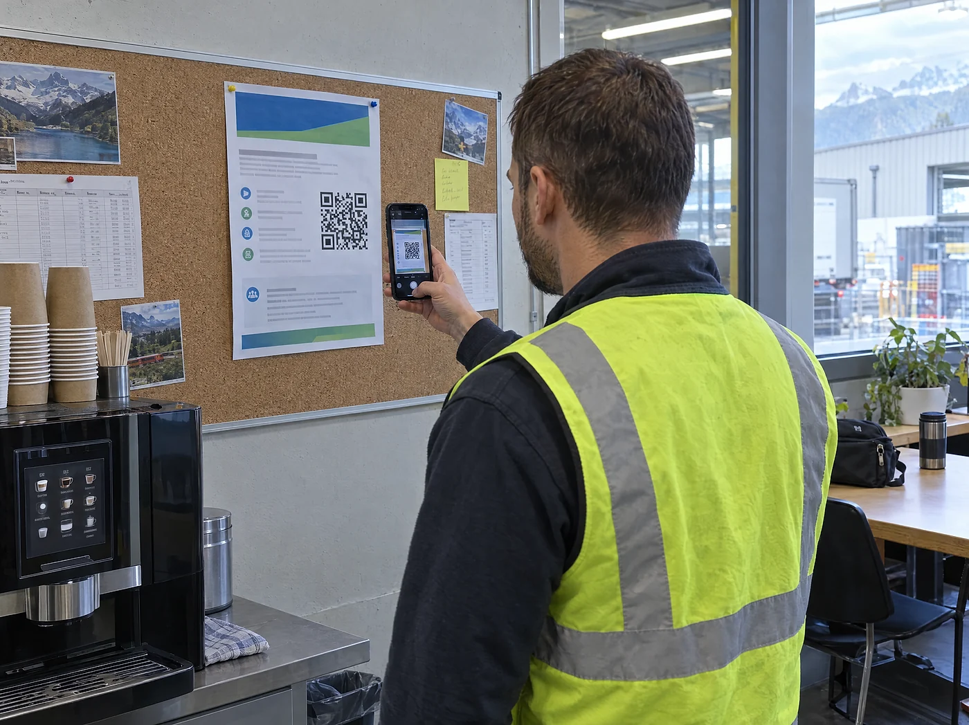 Mitarbeiter in Warnweste scannt im Pausenraum den QR-Code auf einem Stellenplakat