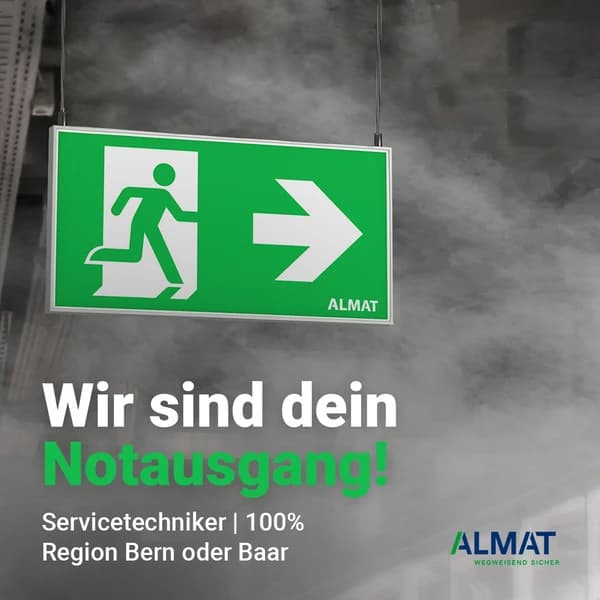 Stellenanzeige von ALMAT im Instagram-Feed: Wir sind dein Notausgang! Servicetechniker 100 %, Region Bern oder Baar