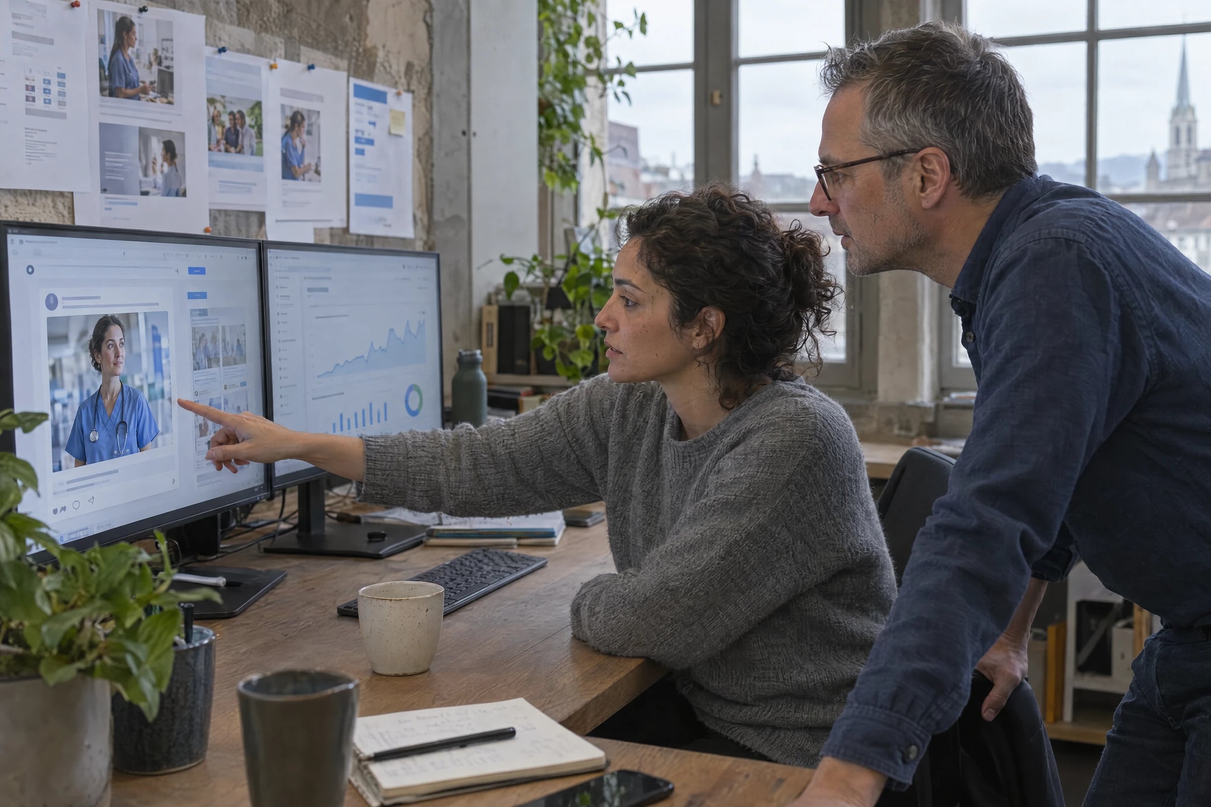 Zwei Mitarbeitende einer Agentur besprechen eine Recruiting-Anzeige am Bildschirm