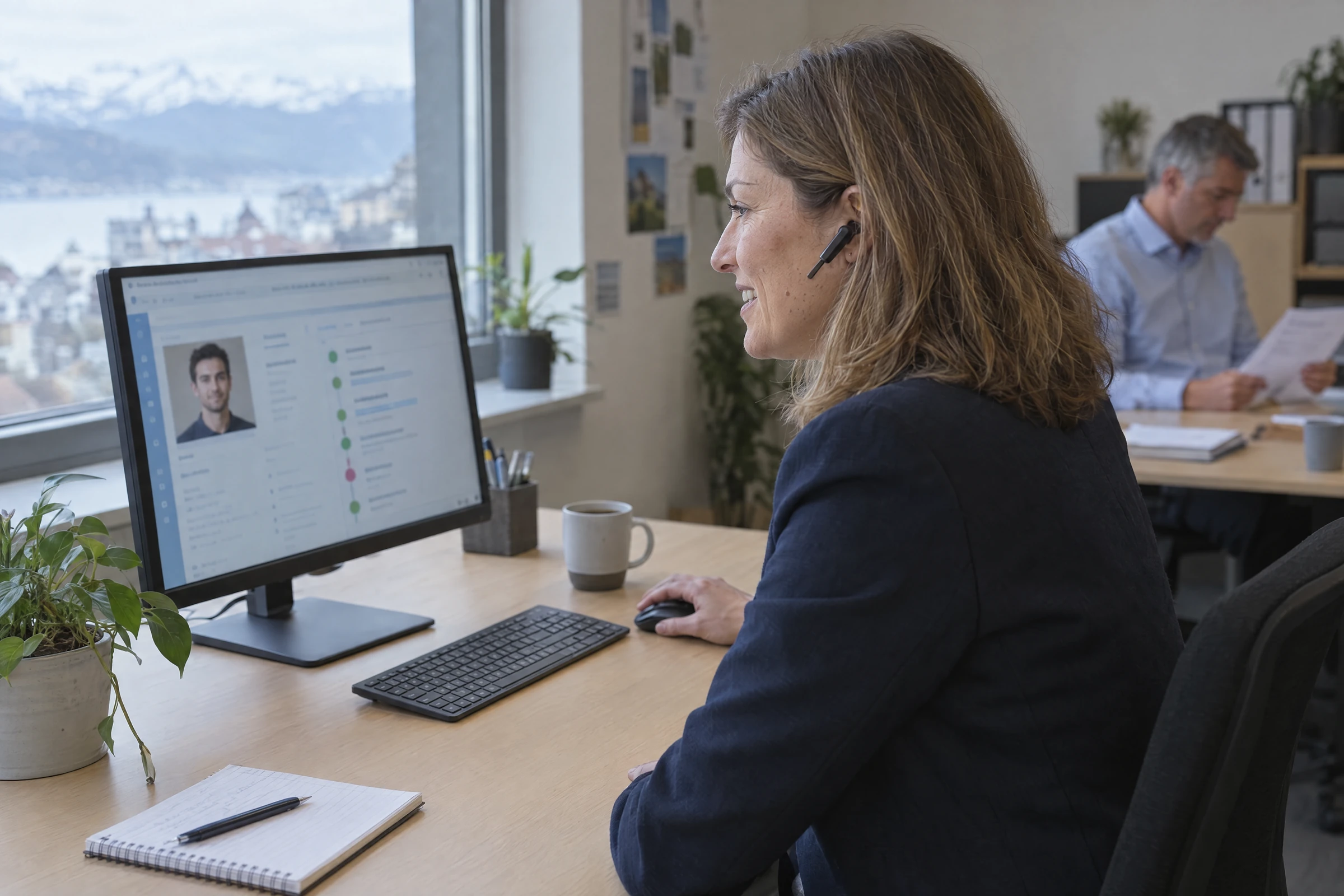 Personalvermittlerin telefoniert am Arbeitsplatz, auf dem Bildschirm ein Kandidatenprofil