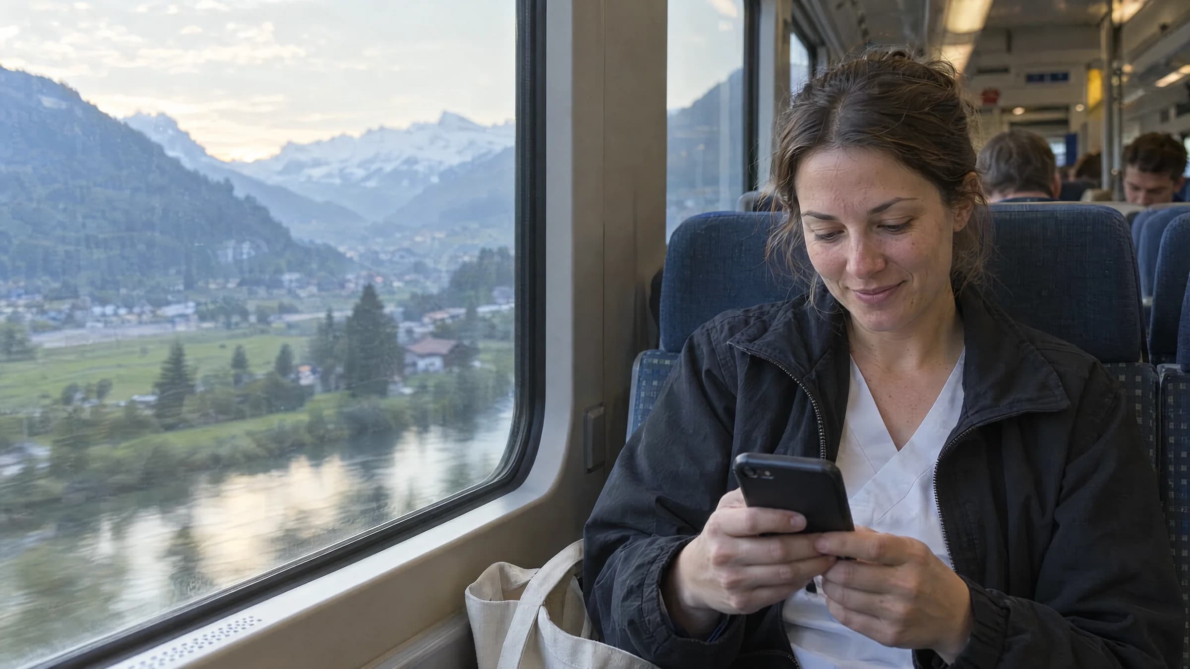Pflegefachfrau im Zug auf dem Weg zur Arbeit, schaut aufs Handy
