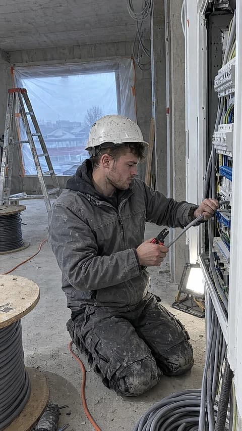 Elektriker kniet auf einer Baustelle am offenen Verteilerkasten