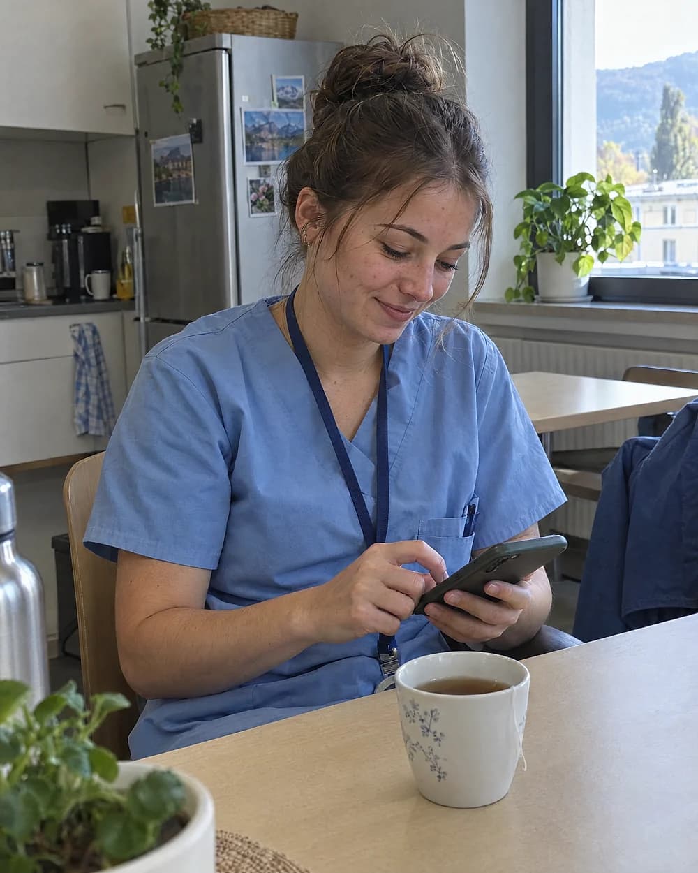 Pflegefachfrau im Pausenraum tippt mit einer Tasse Tee aufs Handy
