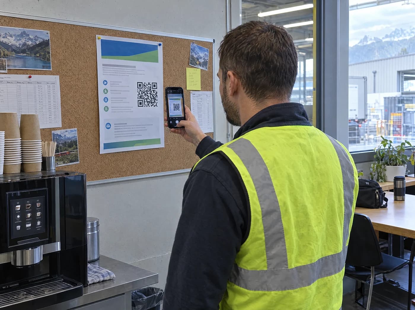 Mitarbeiter in Warnweste scannt im Pausenraum den QR-Code auf einem Stellenplakat