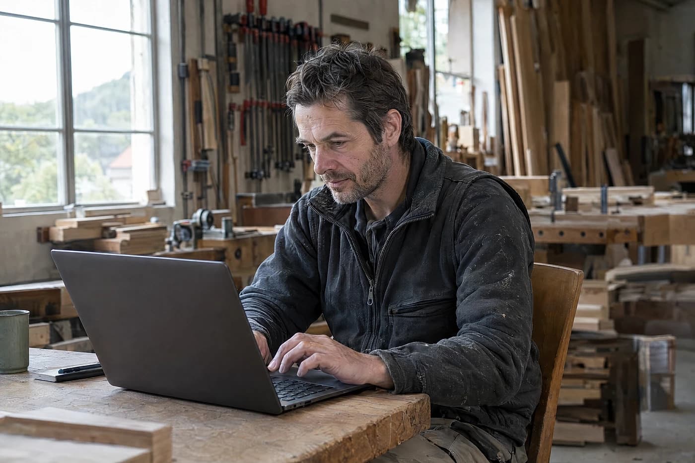 Inhaber einer Schreinerei schreibt am Laptop in der Werkstatt eine Stelle aus