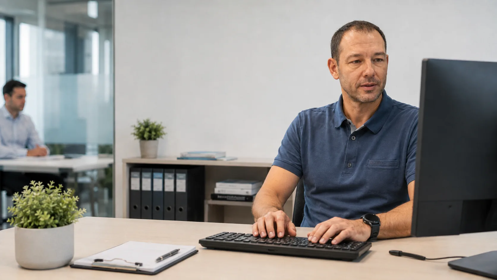 Person am Arbeitsplatz mit dem Mitarbeiterdossier am Bildschirm