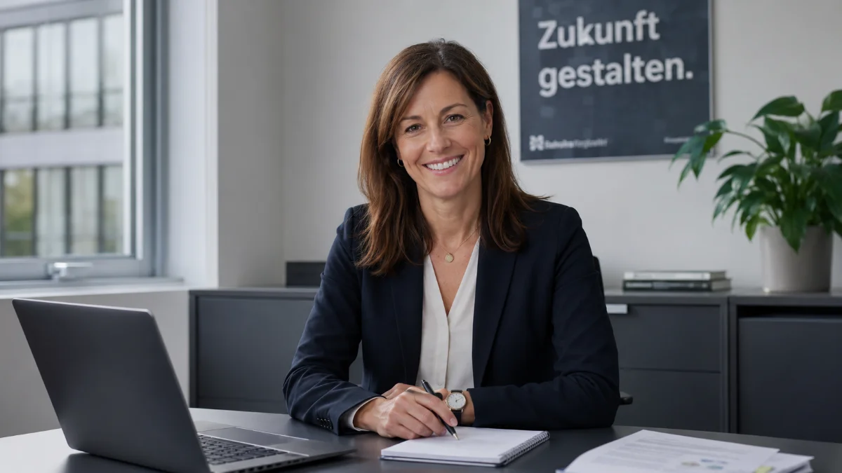 Geschäftsführerin bearbeitet Bewerbungen am Laptop im Büro